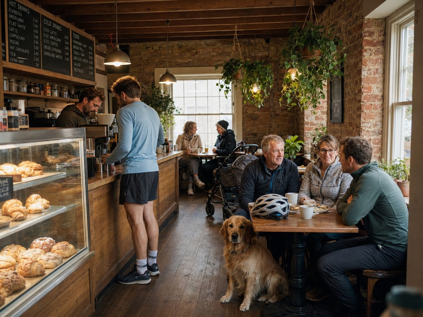 Independent Hampshire café interior with locals, a cyclist and a dog