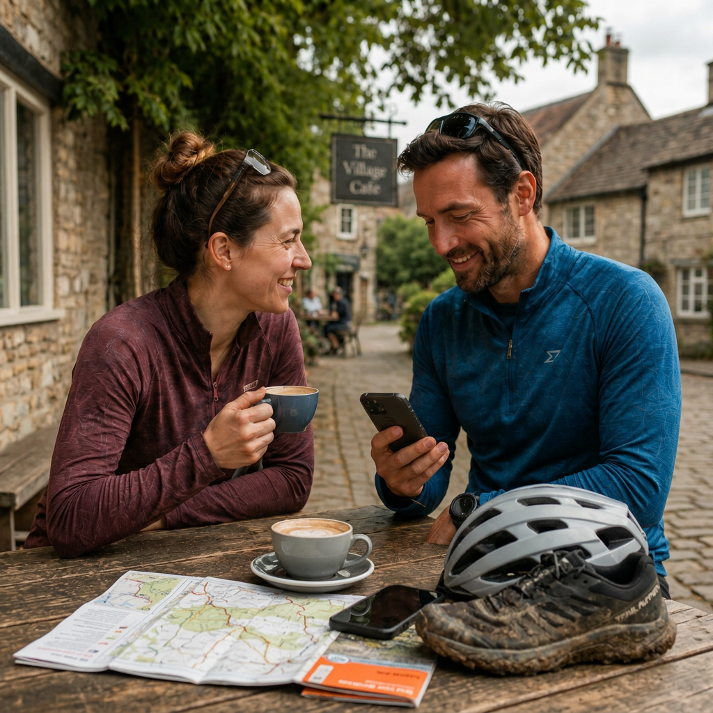 Map, phone with a route, flat white and trail shoe on a café table
